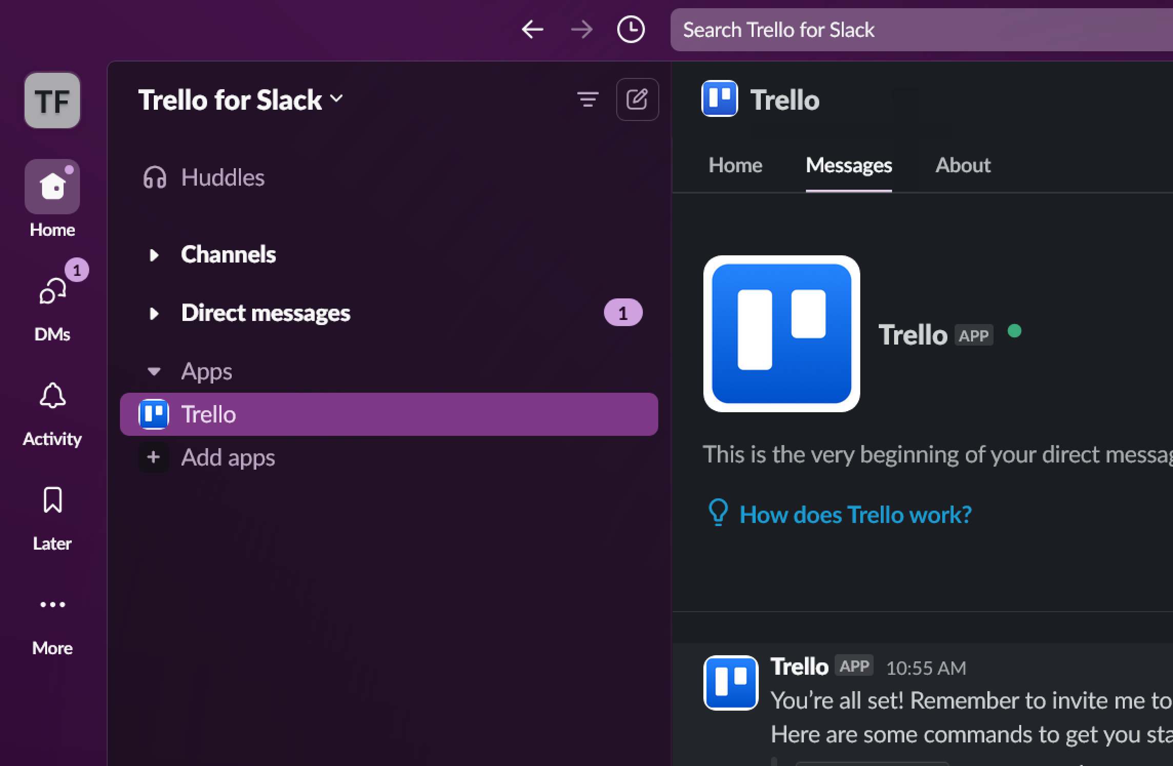 The app section in Slack showing the Trello app with the Messages tab in focus.