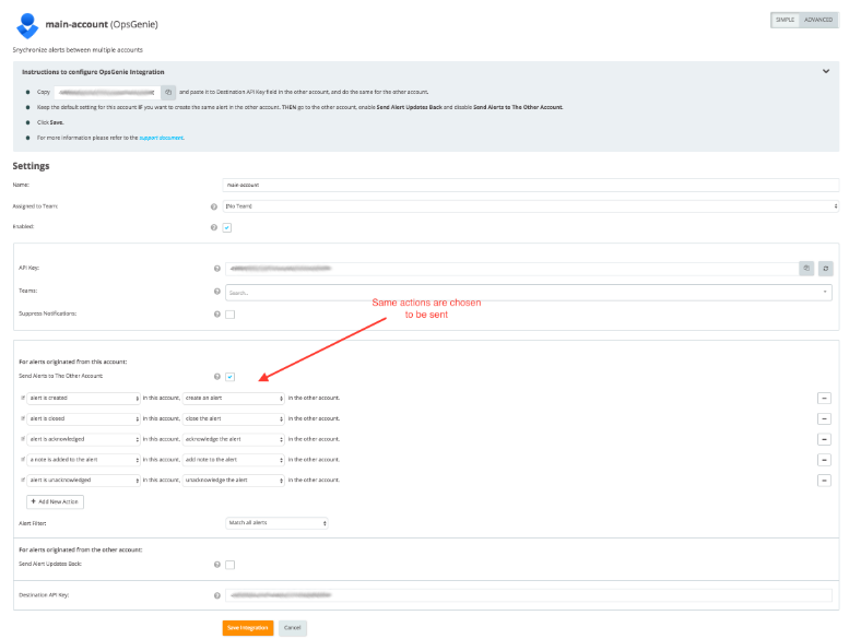 Opsgenie を別の Opsgenie と統合するときのメイン アカウントを設定するスクリーンショット。