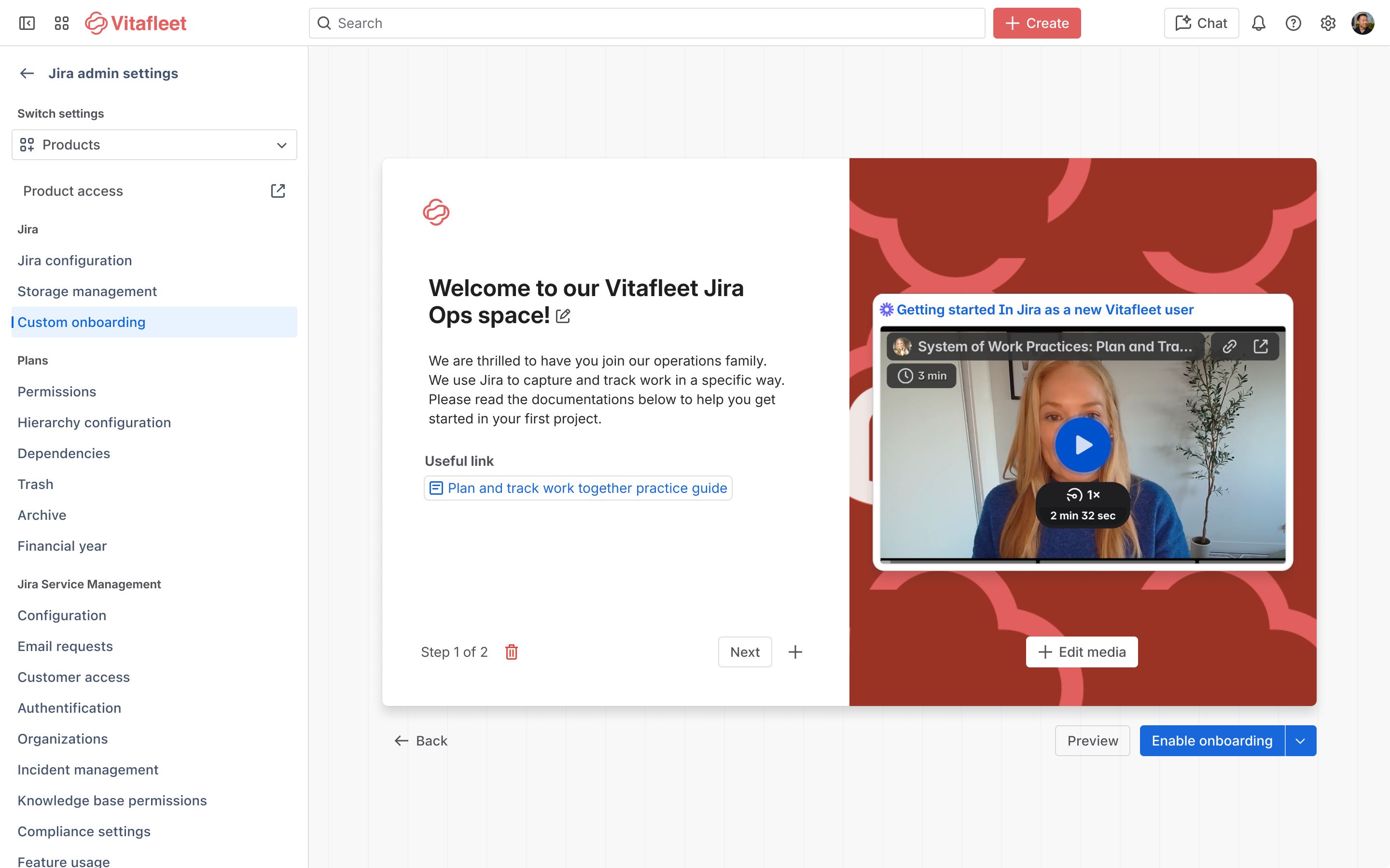 Jira admin settings showing a custom onboarding experience for Vitafleet users