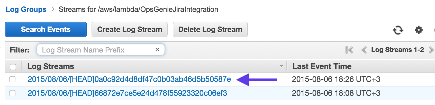 An image showing the location of a log group in Amazon web services platform.