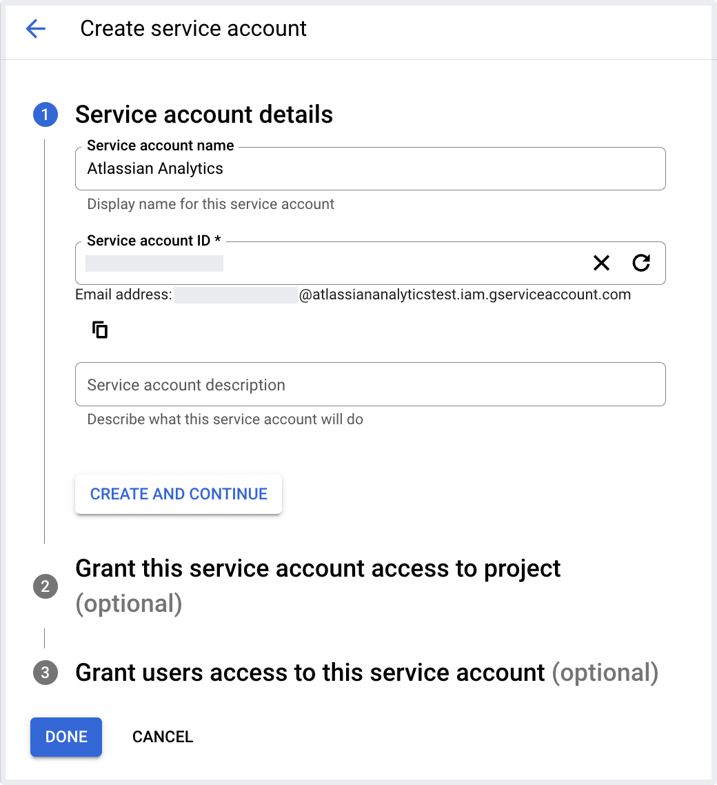 New service account with account name as "Atlassian Analytics"