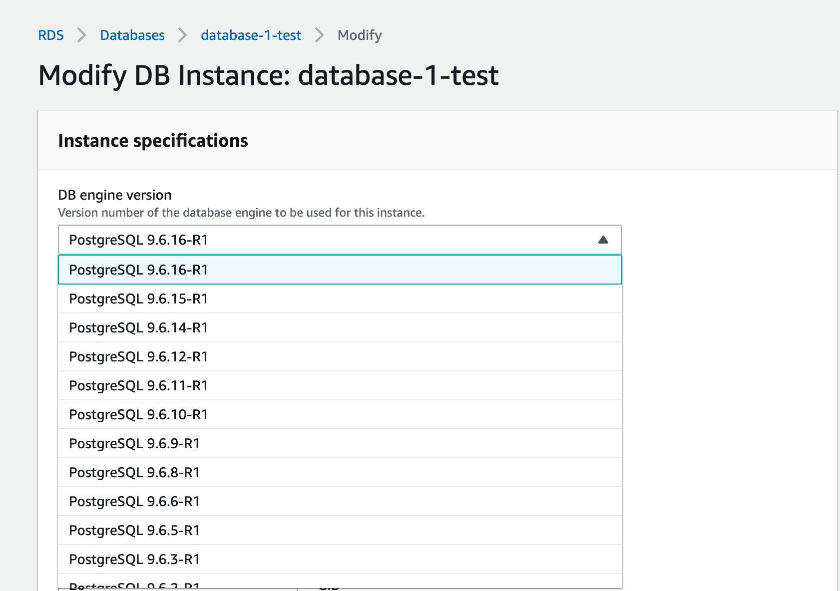 The Modify DB Instance page of an Amazon RDS database