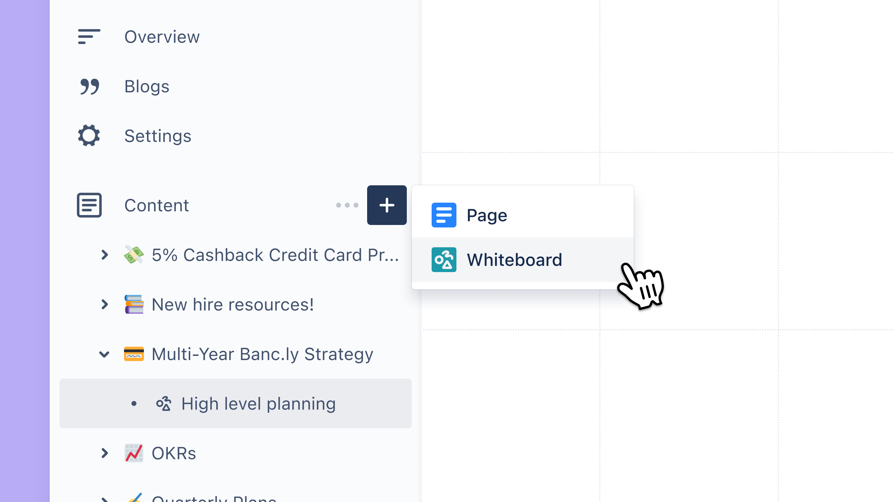 Selecting the whiteboard option from the content tree create button