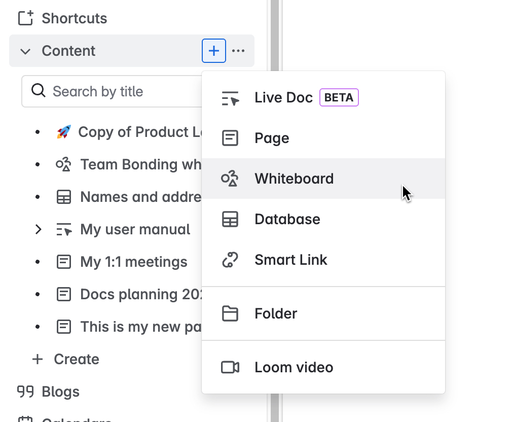 Selecting the whiteboard option from the content tree create button