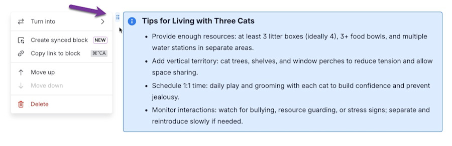 A Confluence info panel with the block menu open and an arrow showing how to open it.