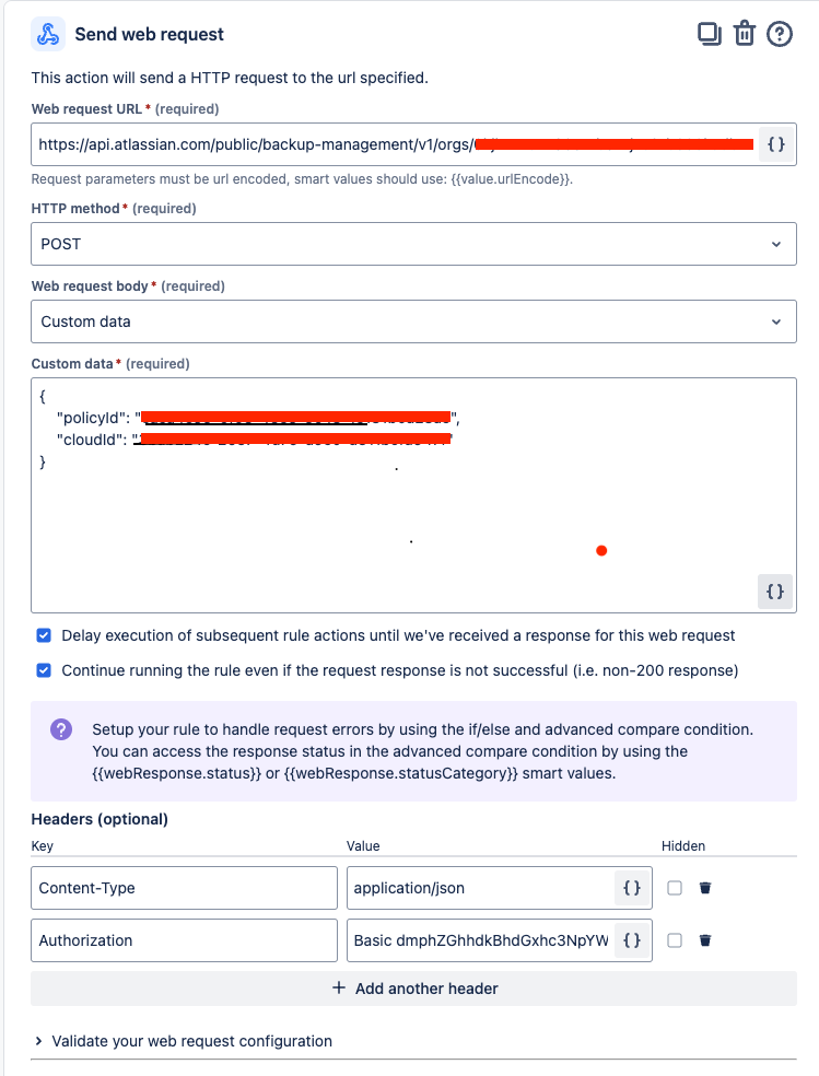 Automation for Jira: "Send web request" action configuration screen showing Web request URL, HTTP request method, Web request body, Custom data and Headers