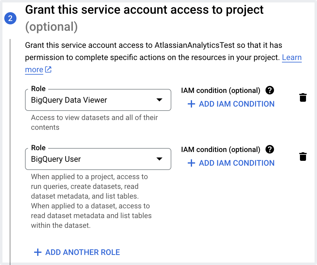 「BigQuery Data Viewer」ロールと「BigQuery User」ロールを割り当てた新しいサービス アカウント