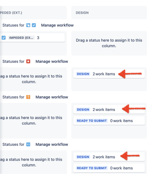 Configuration view, for the Design status there are several work items, but there is no work item type icon