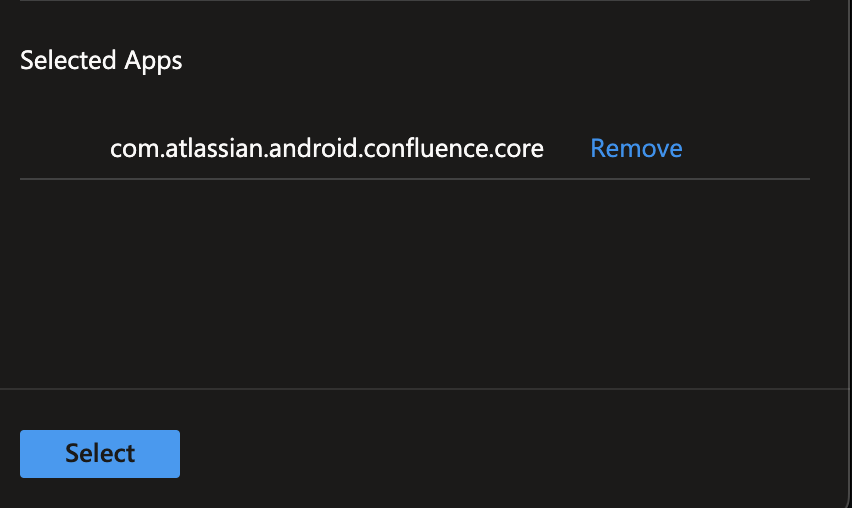 Selected apps in Intune, showing "com.atlassian.android.confluence.core" with options to remove or select.
