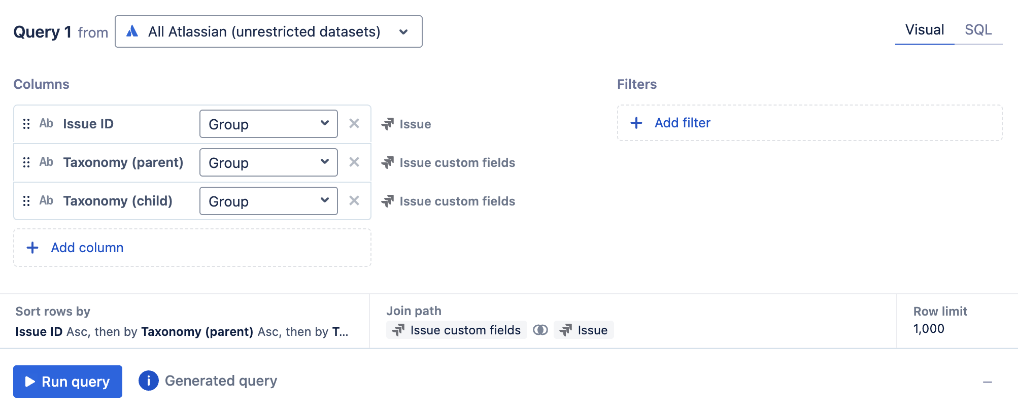 A visual mode query with Issue ID, Taxonomy (parent) and Taxonomy (child) columns added.