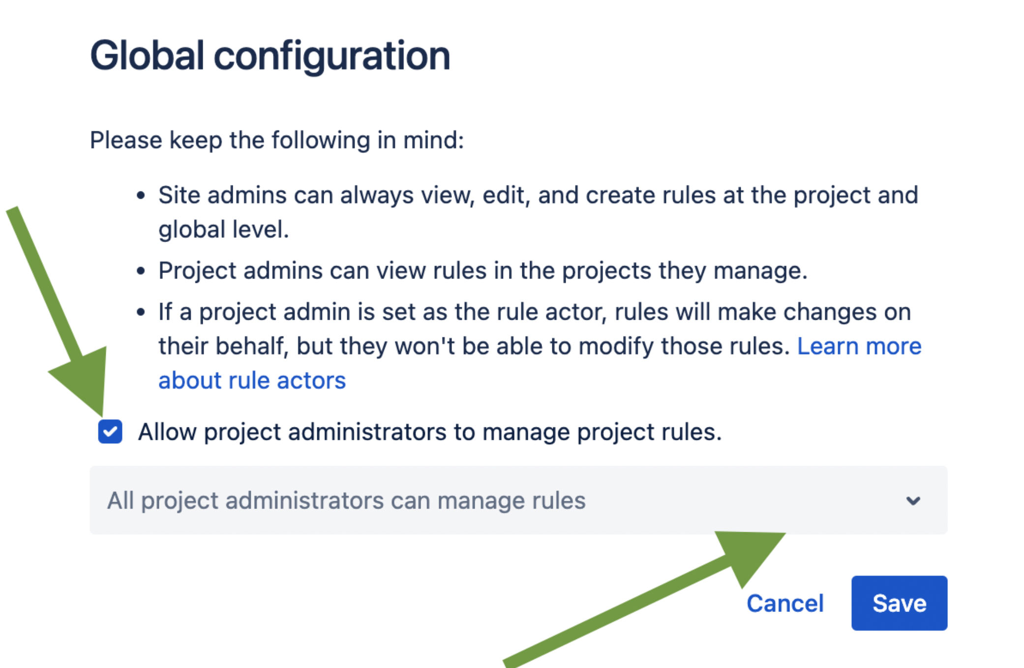 Global configuration setting Allow project administrators to manage project rules