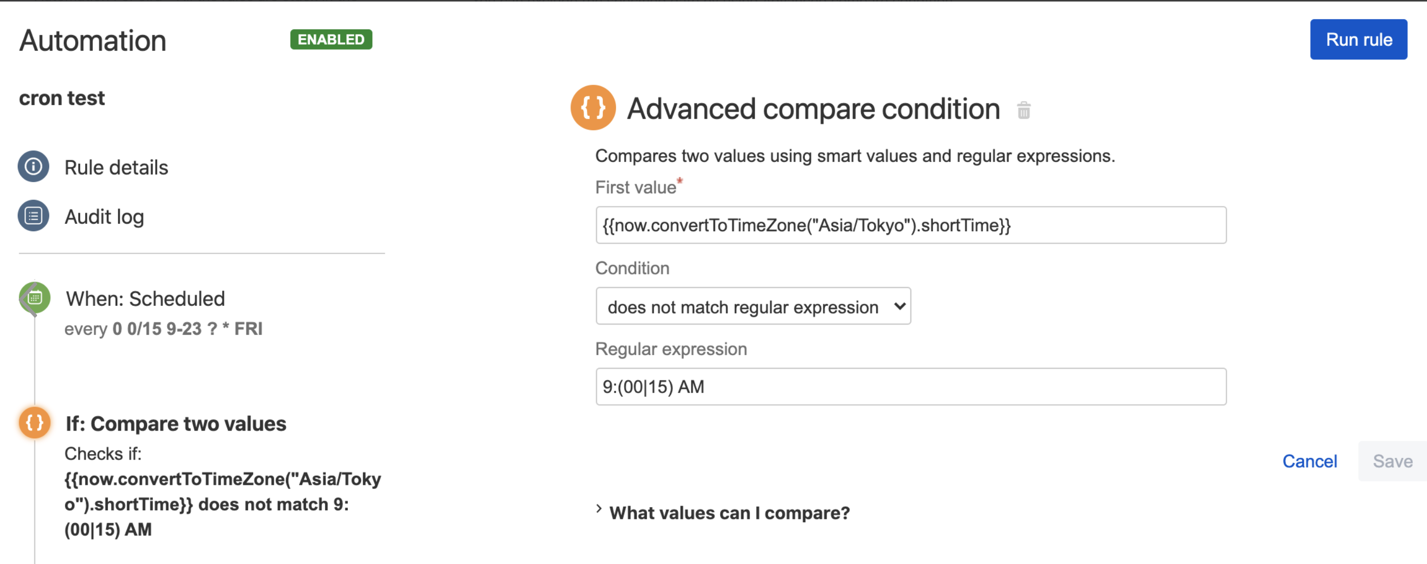 Exclude specific time specified using cron by using advanced compare condition in Jira automation