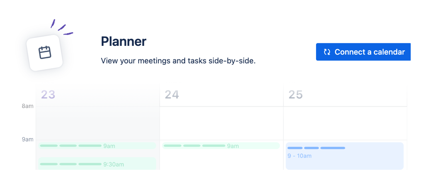 Trello planner, empty, with a button to connect a calendar.