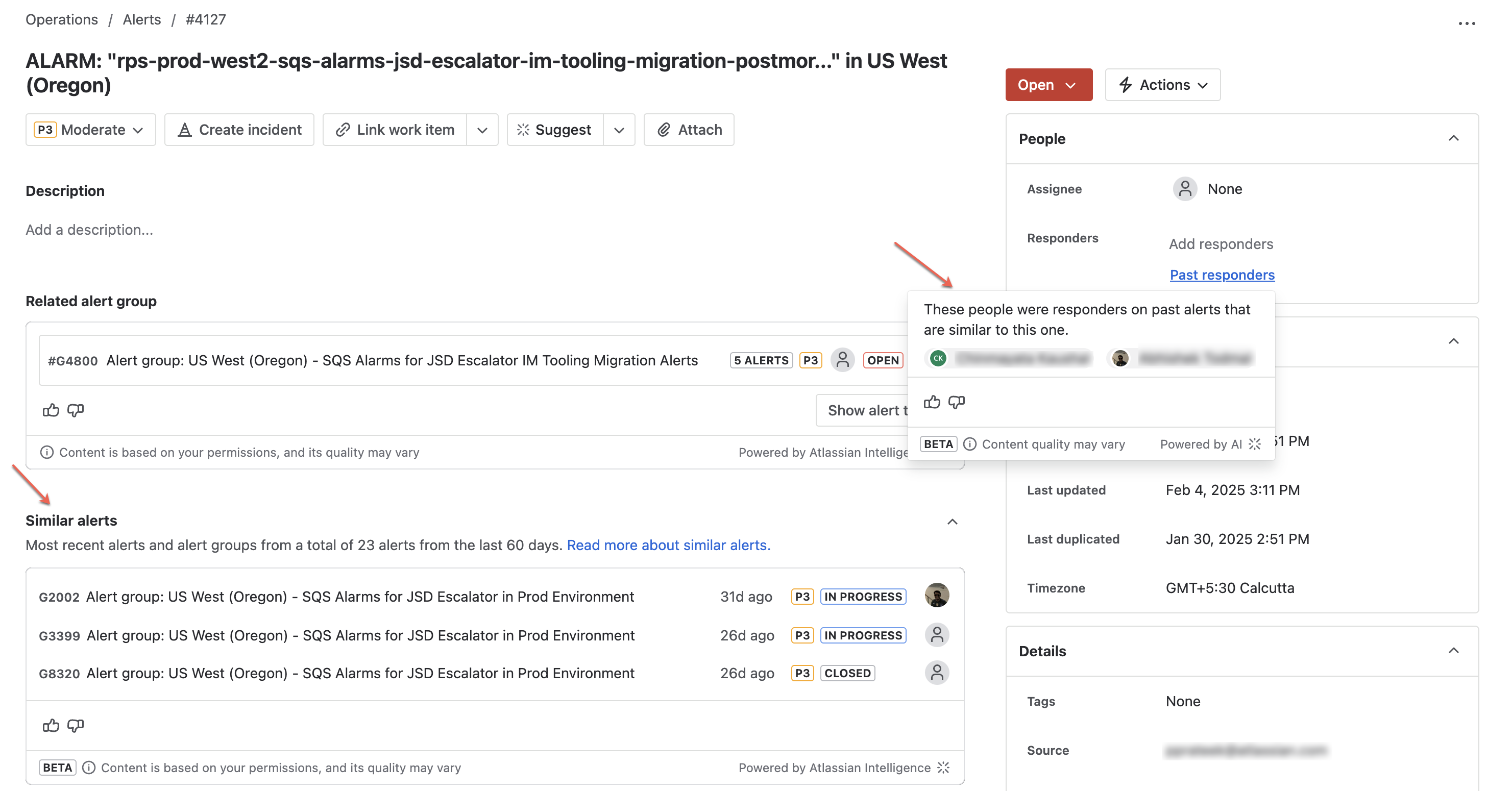 Use Atlassian Intelligence to view similar alerts and past responders