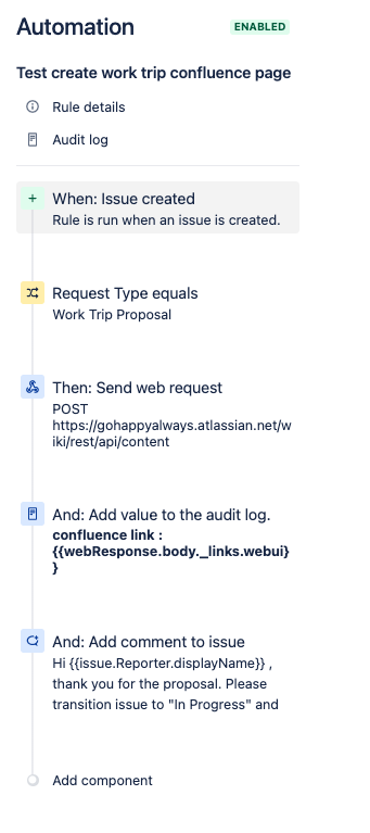 Screenshot of an automation rule configuration. The rule is titled Test create work trip confluence page and is enabled. The rule triggers when an issue is created, checks if the request type is Work Trip Proposal, then sends a web request to create