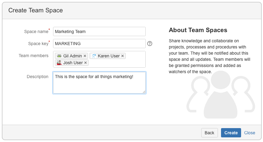 This screenshot shows the "Create team space" modal dialog.