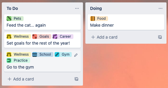 An image that shows labels on cards on a Trello board with colorblind friendly mode enabled