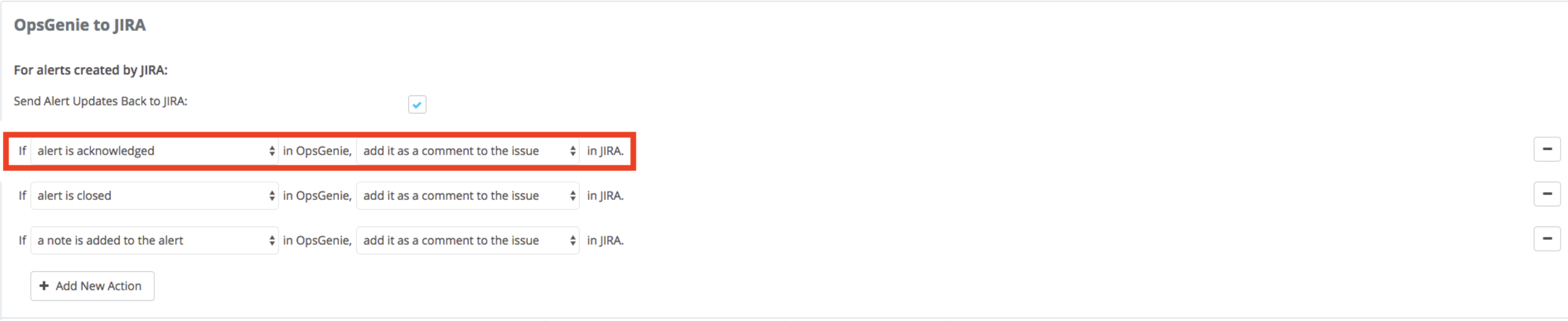 A screenshot from Opsgenie showing rules to create Jira issues with Opsgenie alerts.
