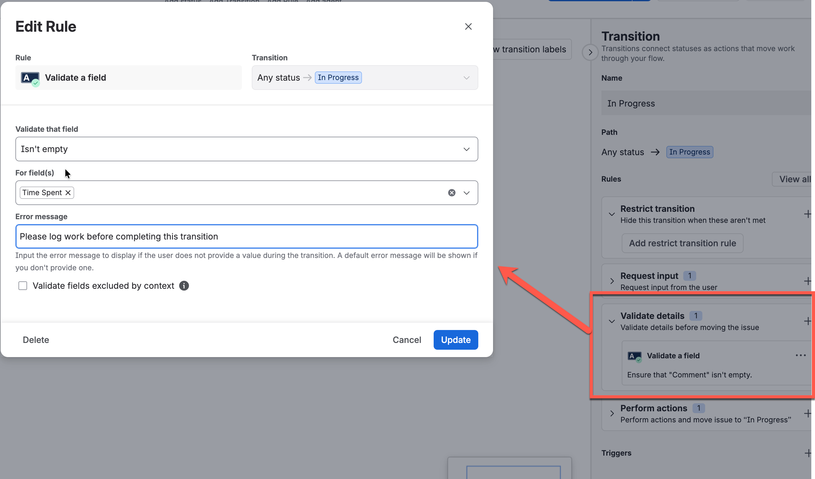 Jira workflow validator configured for the Time Spent field