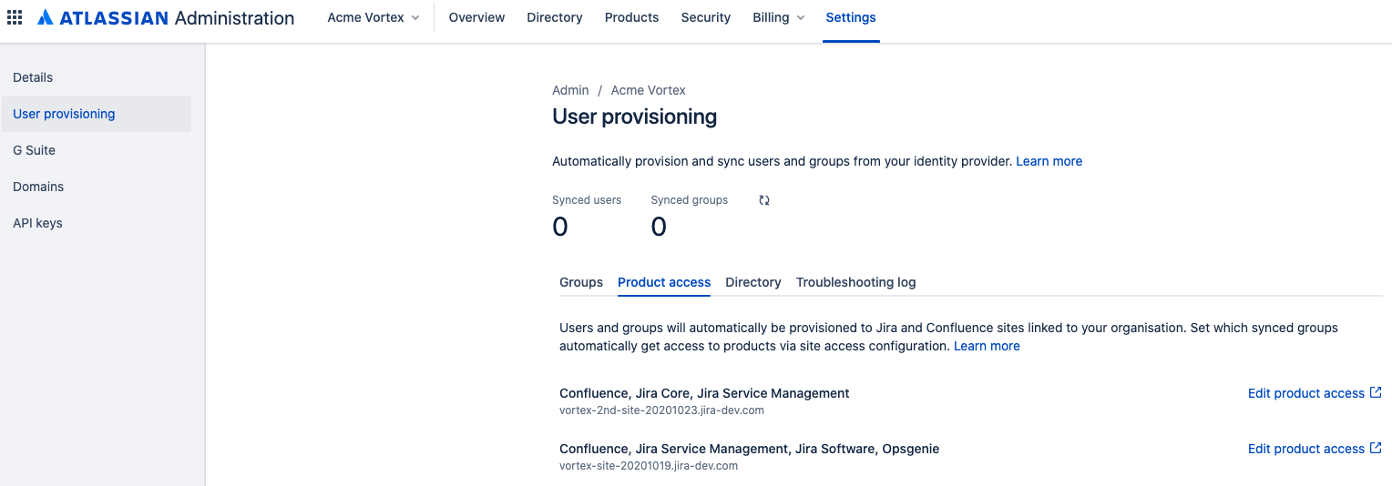 User provisioning section in admin.atlassian.com, on Product access tab. 2 groups are listed, with Edit product access links 