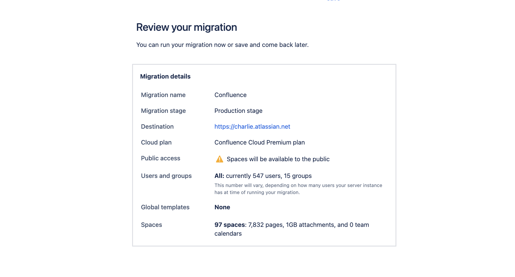 'Review your migration' screen from the Confluence Cloud Migration Assistant.