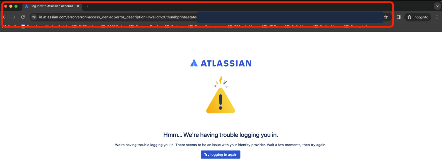 Atlassian Cloud authentication error with address bar highlighted