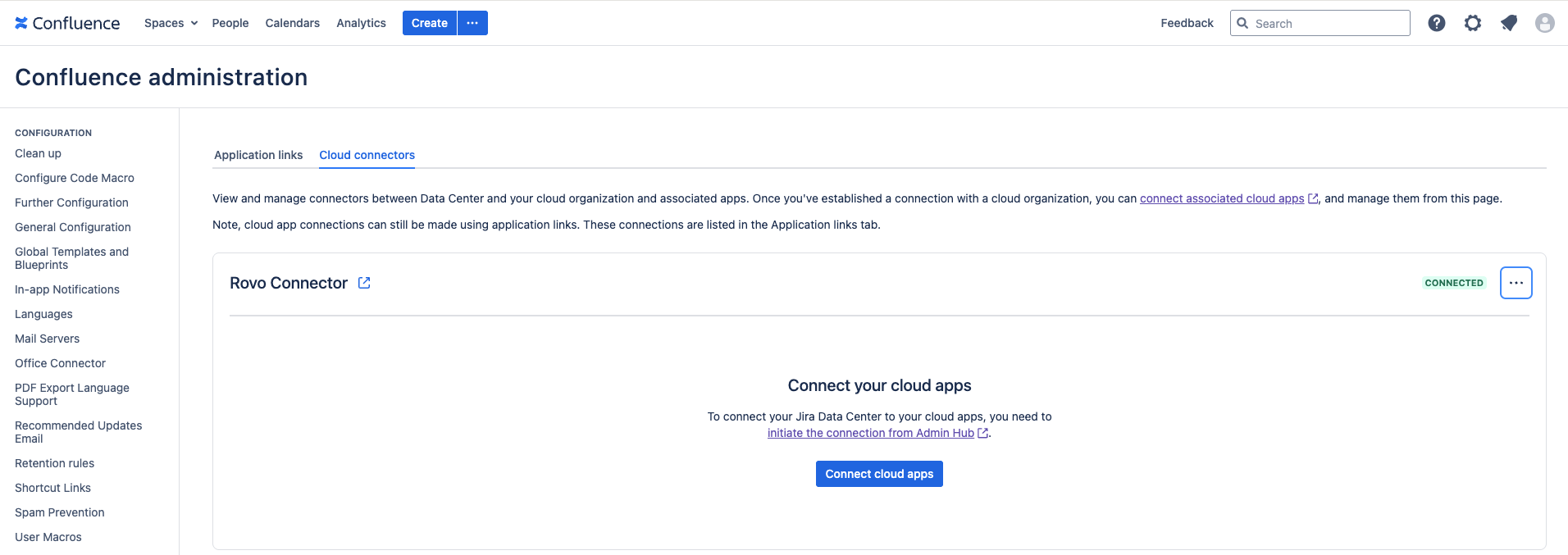 Confluence DC admin screen with option to connect cloud apps