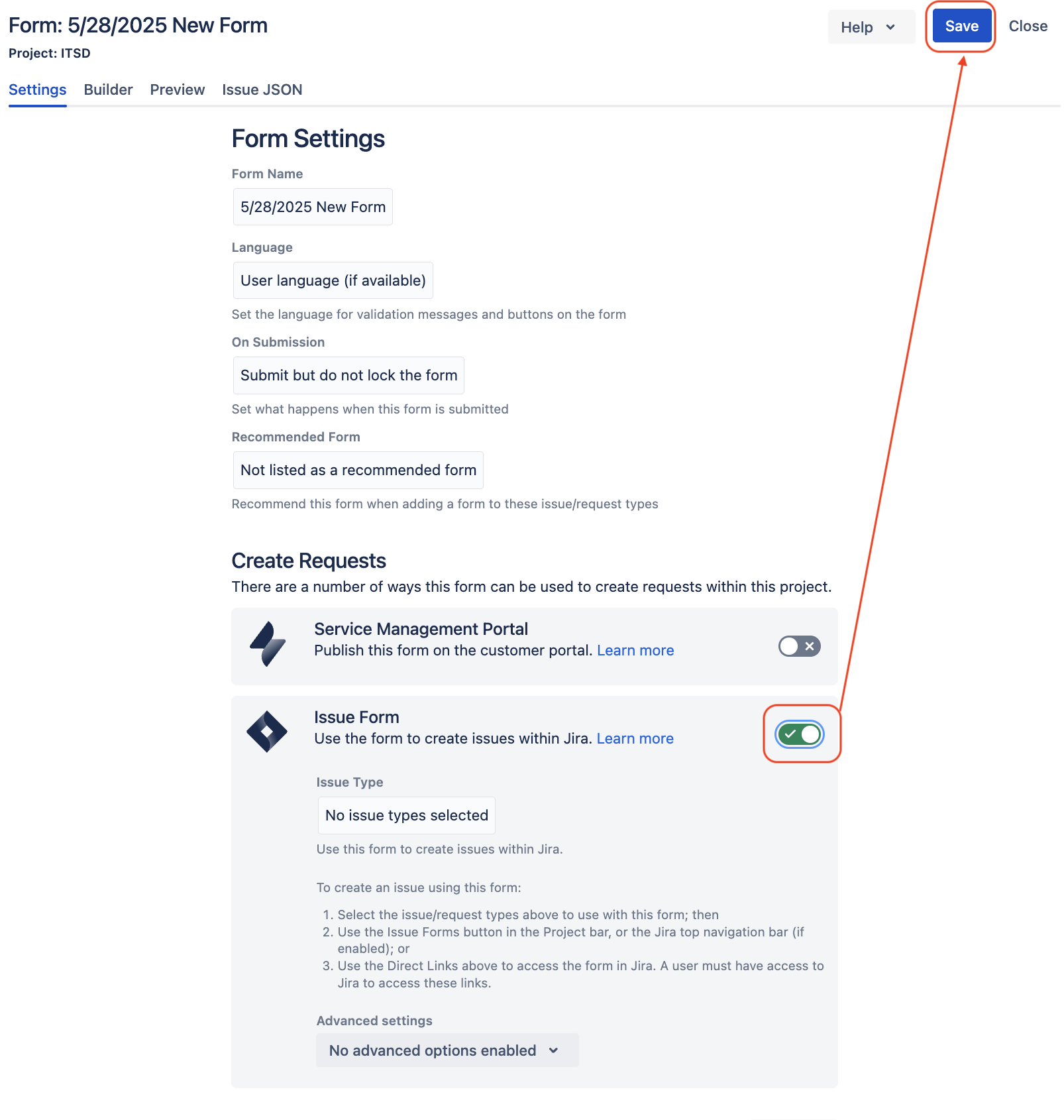 form settings with Issue From enabled and the save button highlighted