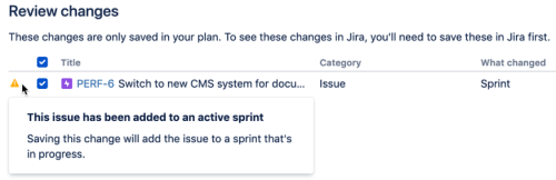 Jira Software Cloud の Advanced Roadmaps の [変更をレビュー] モーダルに表示される警告