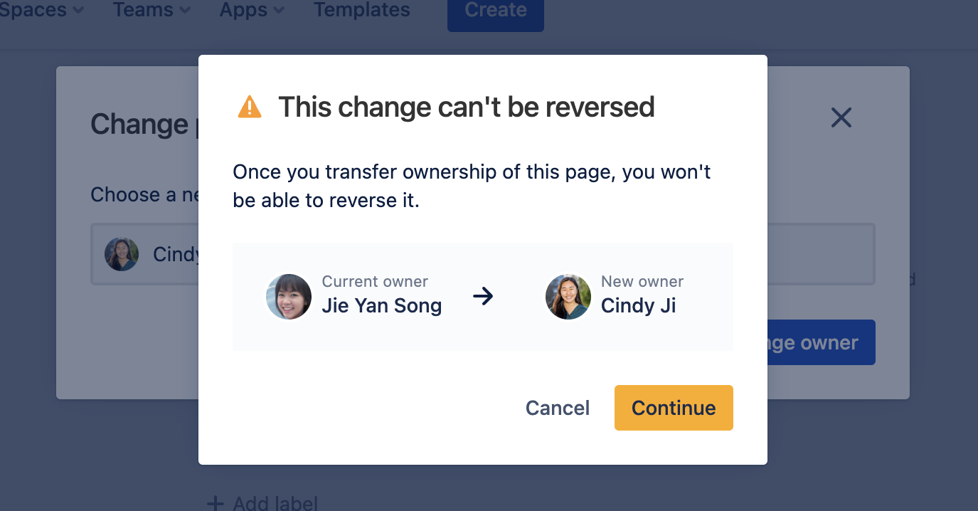 An image of the confirmation modal for transferring page ownership