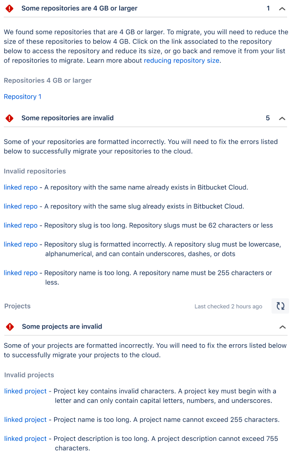 Bitbucket Cloud Migration プリフライト チェックの失敗