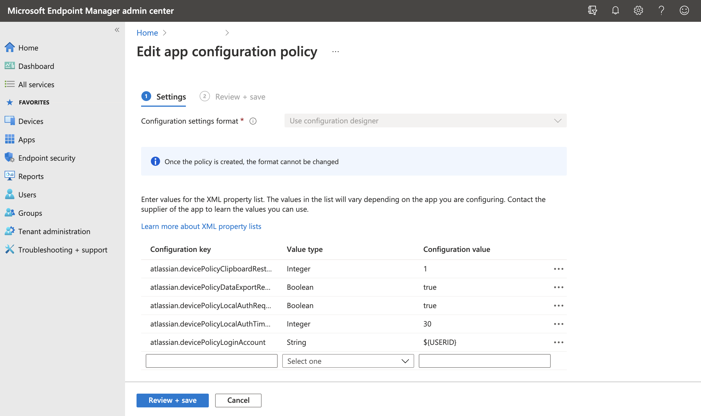 Intune にある AppConfig 設定のスクリーンショット