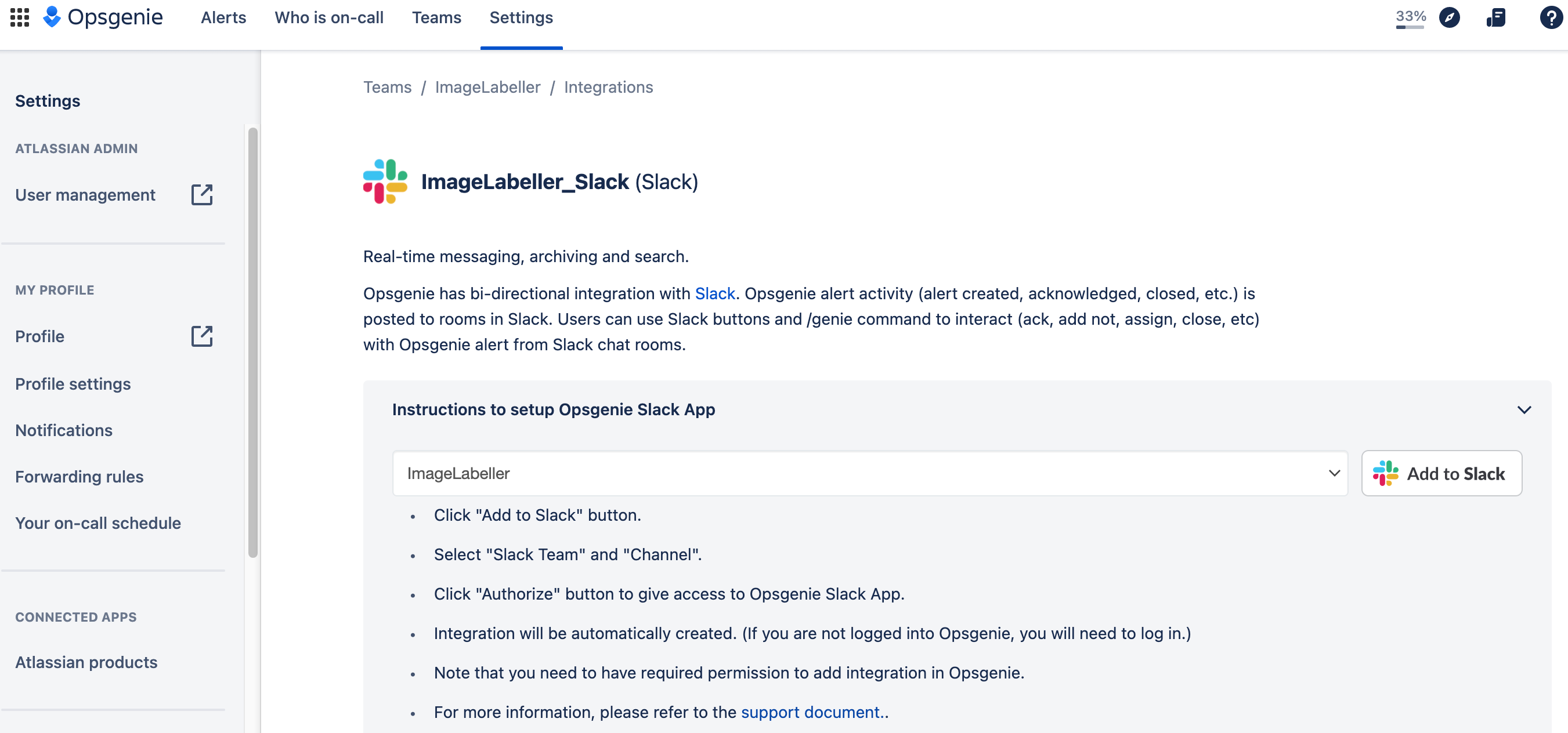 screenshot of slack integration page in opsgenie