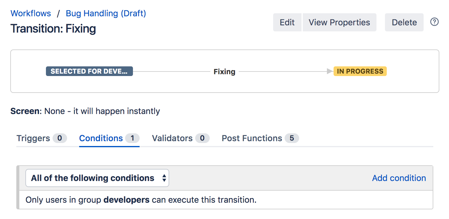 Workflow configuration in Jira. It shows a transition called "Fixing", that only developers can execute.