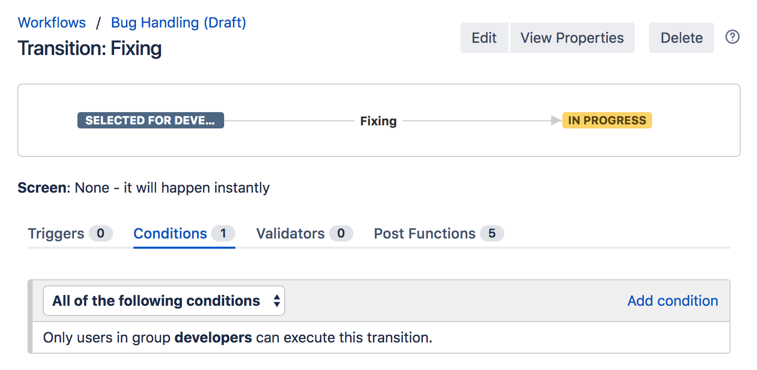 Jira のワークフロー設定。開発者だけが実行できる「Fixing」というトランジションが示されています。