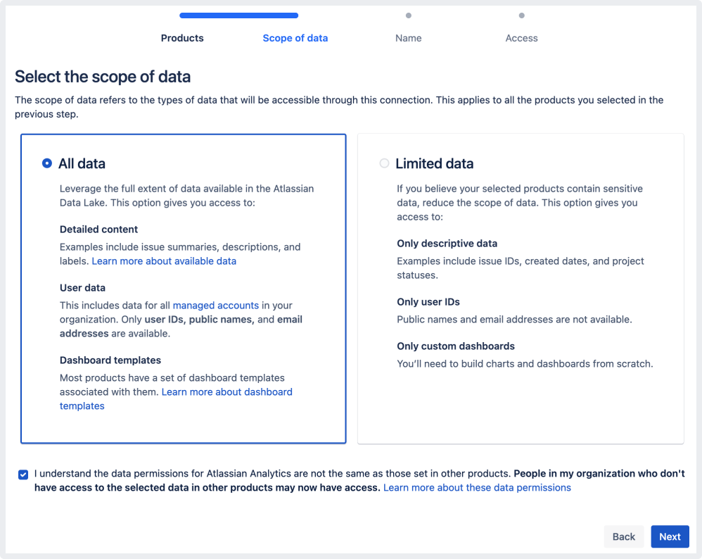 Selected 'All data' for scope of data of this Atlassian Data Lake connection.