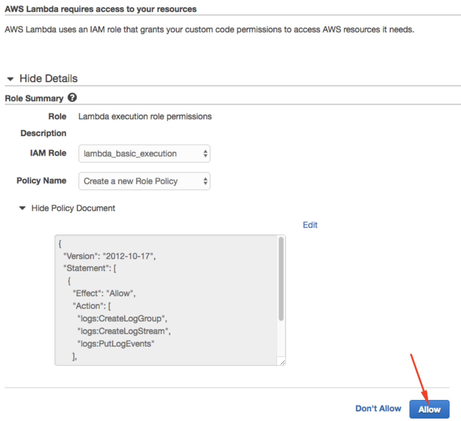 Jira インテグレーションで Lambda 関数を許可する方法を示す画像。