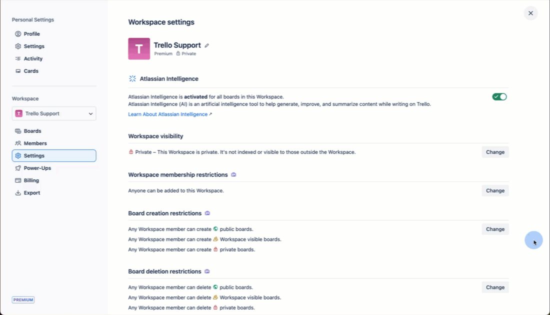 Shows a user linking a Trello and Slack Workspace together from the Trello Workspace settings.