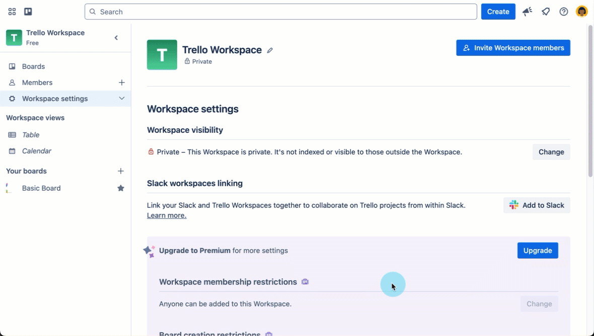 Shows a user linking a Trello and Slack Workspace together from the Trello Workspace settings.