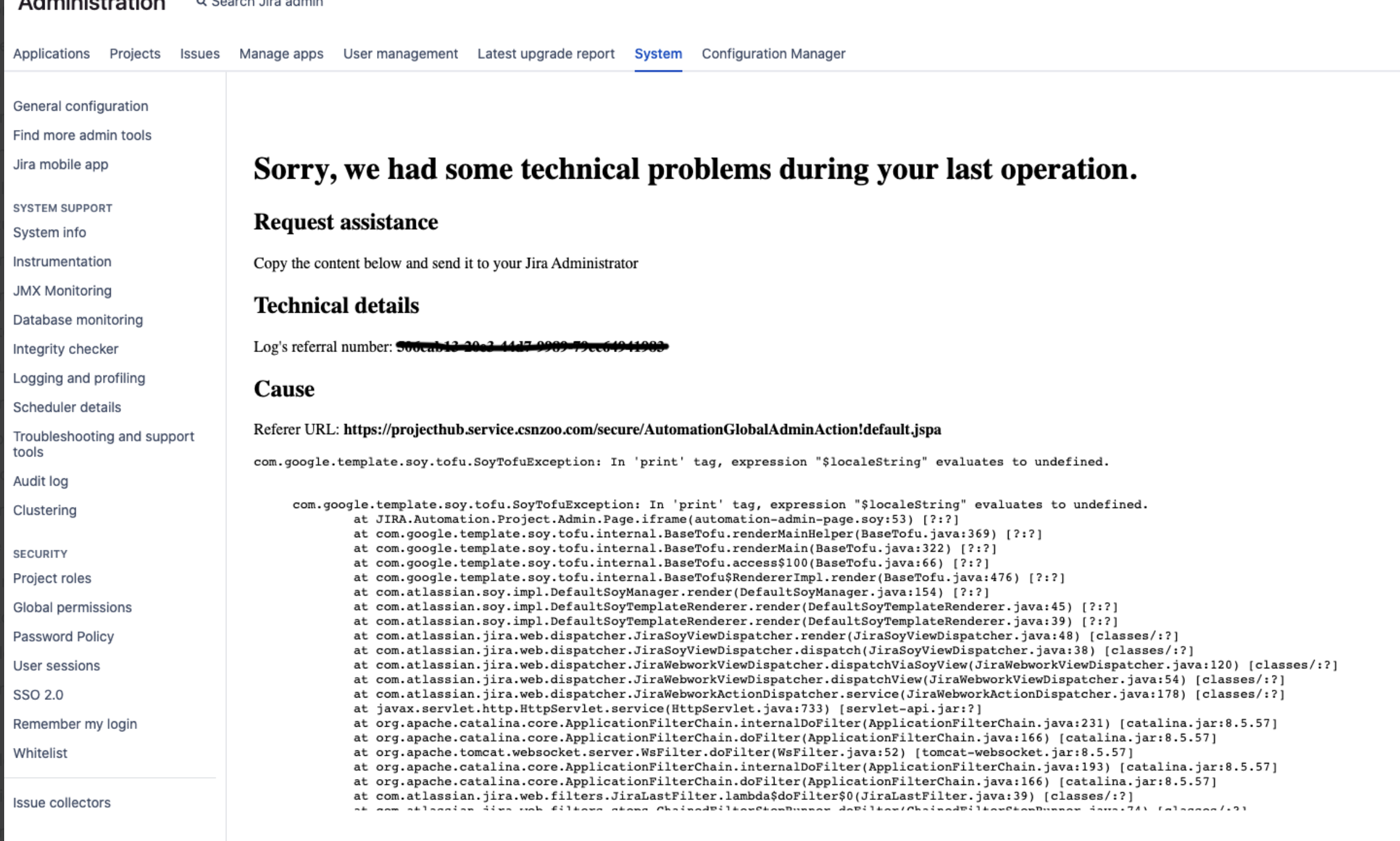 Error in global automation page "Sorry we had some technical problems during your last operations"