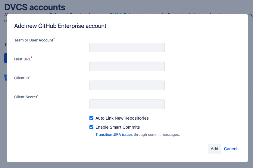 Screen to add new GitHub Enterprise account showing required fields