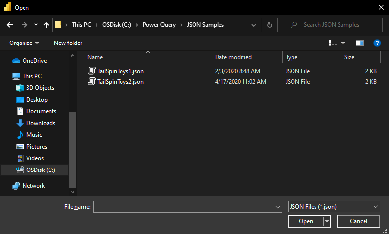 A File Explorer window open to the "JSON Samples" folder. Two JSON files, are displayed with their modification dates, types, and sizes. The file name input field and "Open" and "Cancel" buttons are visible at the bottom.