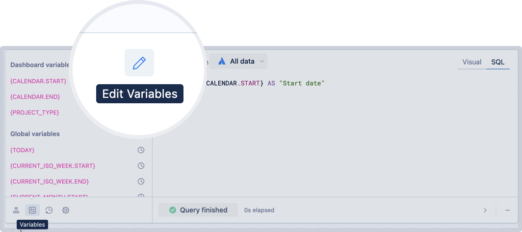 'Edit variables' button in the 'Variables' tab of a SQL mode query.