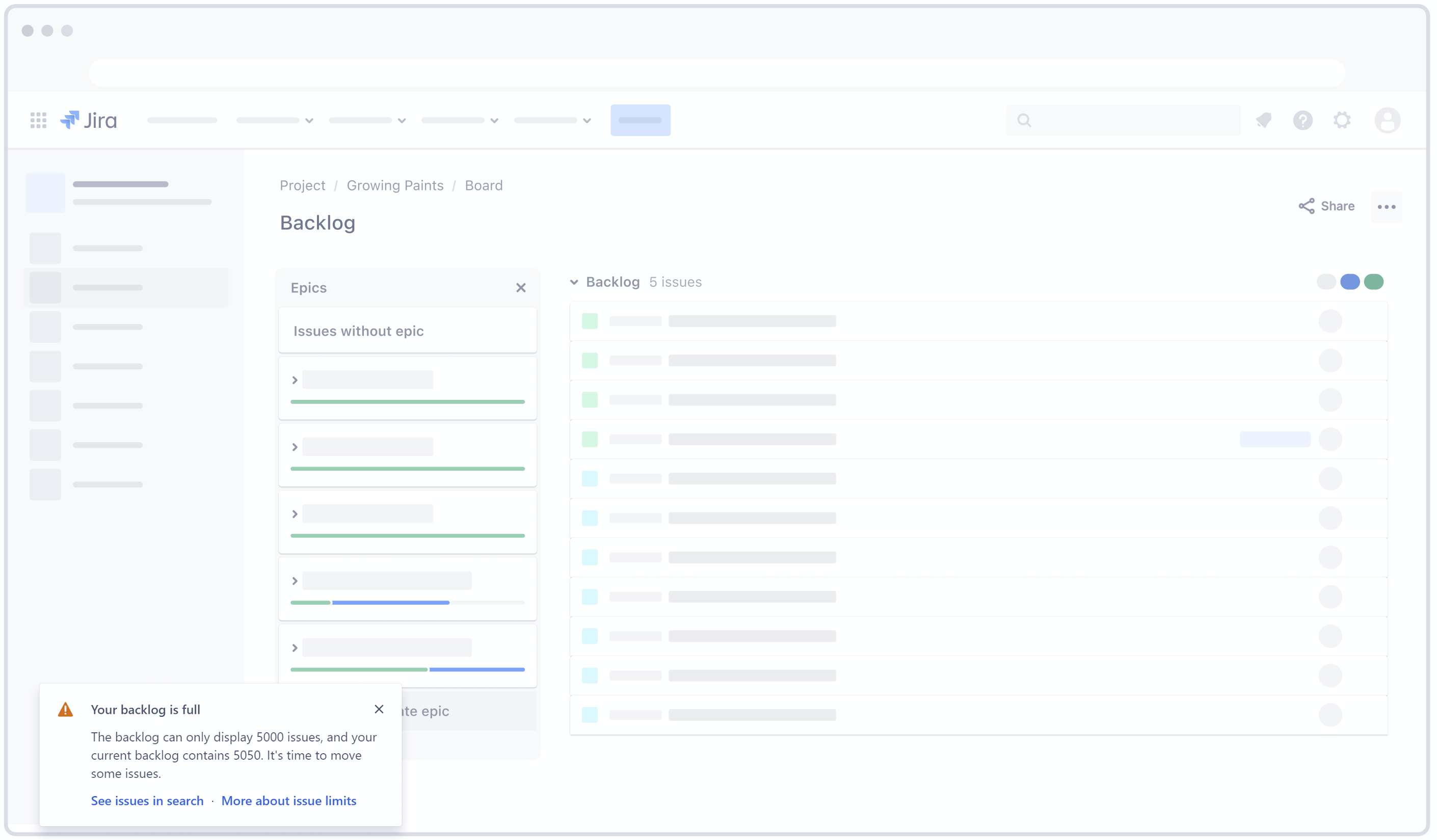 A backlog with 5000 issues shows a notification message that says your backlog is full