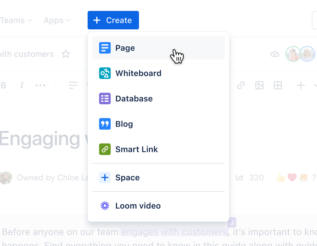 The main create menu for Confluence