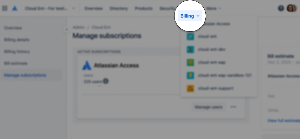 A spotlight on the Billing tab in admin.atlassian.com, while the rest of the screenshot is blurred. 
