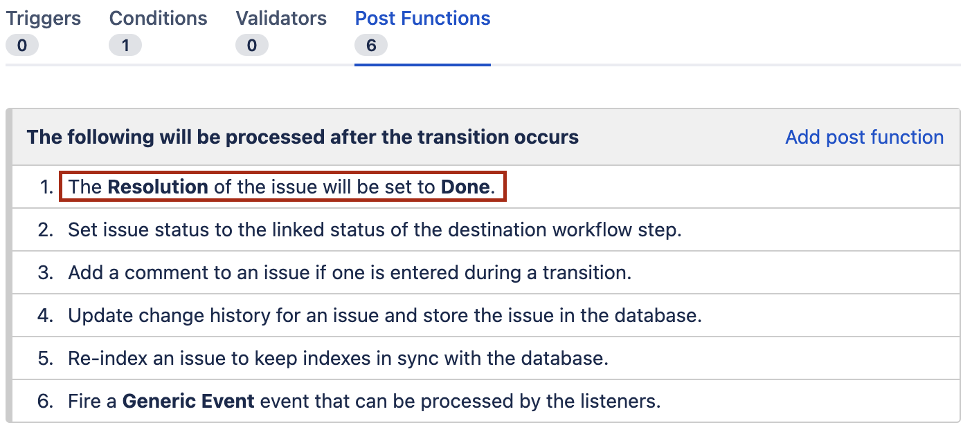 List of all post functions of a specific transition. The function "The Resolution of the issue will be set to Done" is the first (top) function.
