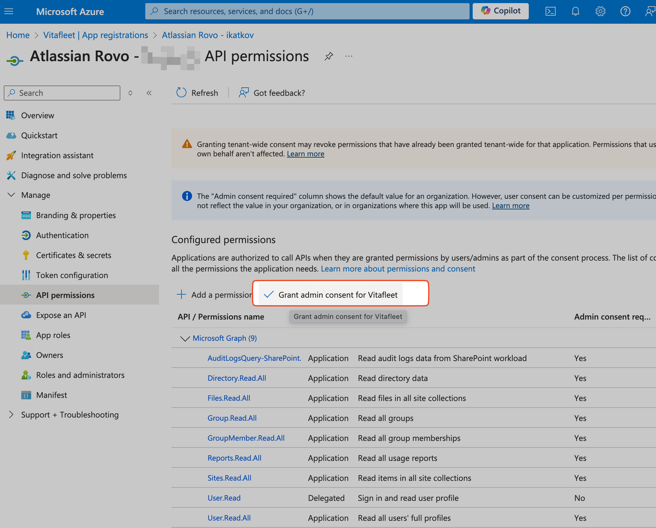 Screenshot of API permissions screen, with Grant admin consent for <workspacename> highlighted