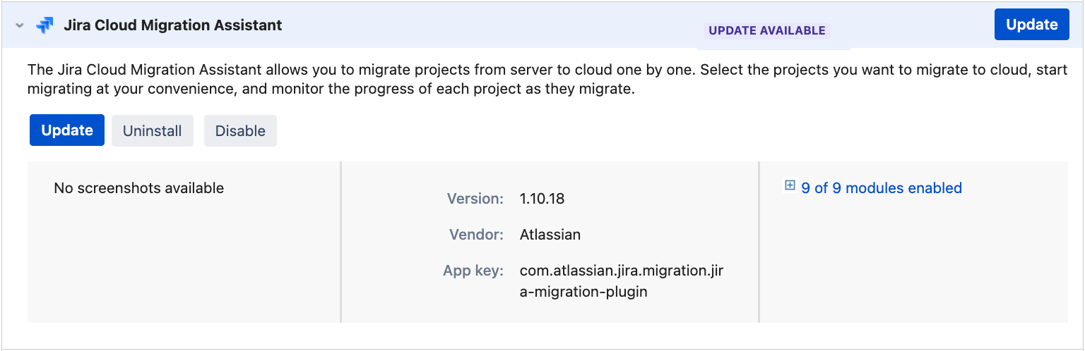 Jira Cloud Migration Assistant app on the 'Manage apps' page in Jira.