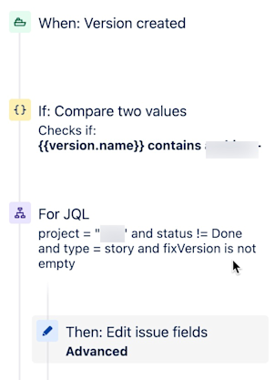 Automation Rule Image showing rule to add new fix version field keeping older one intact